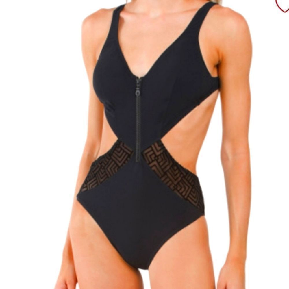 GOTTEX Women's Black Side Cutout Zip Front One-Piece Swimsuit sz 8